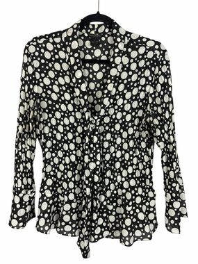Susana Taylor Black White Polka Dot Blouse Tie Front Sheer Size Large